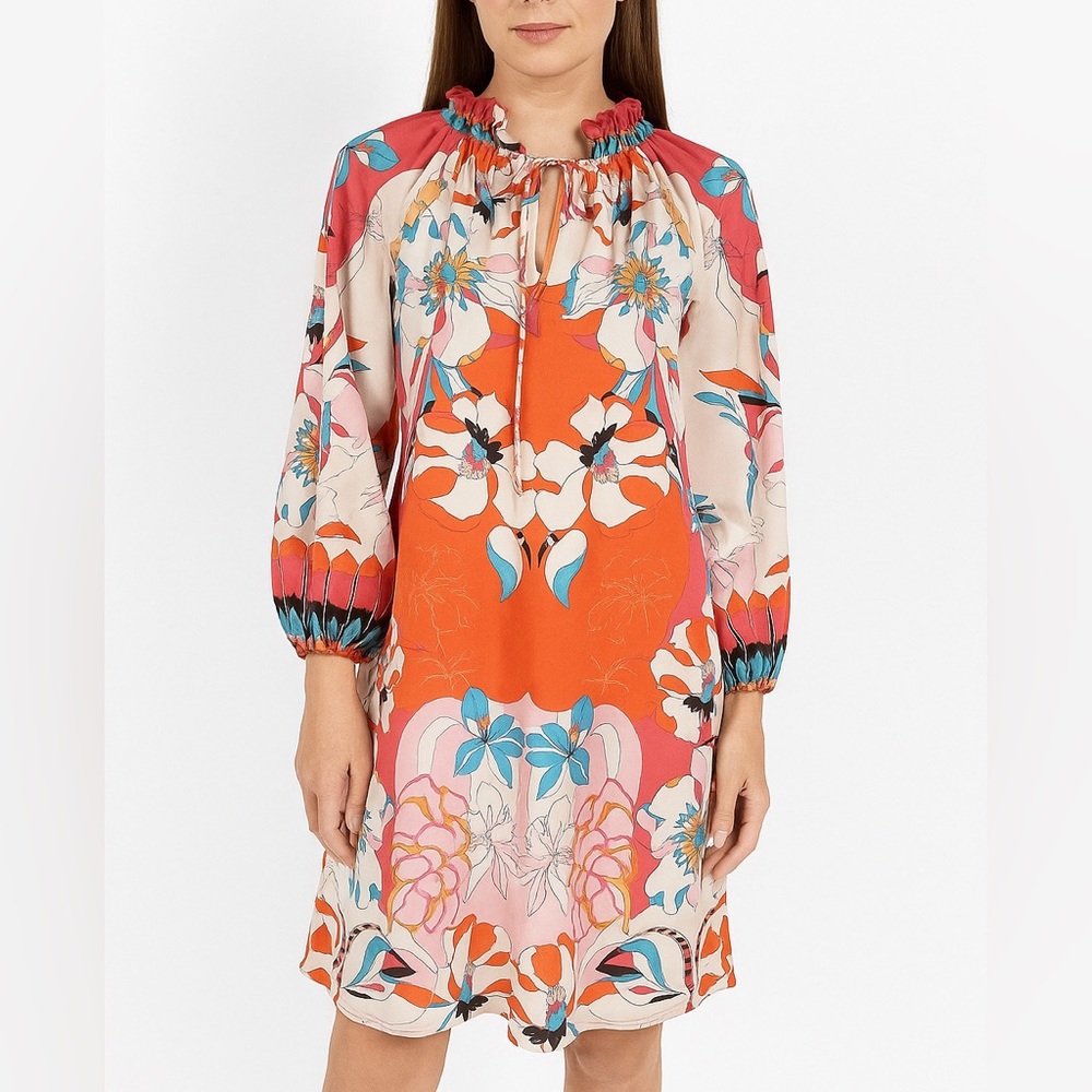 Ciebon Floral Ruffle Neck Mini Dress Small Long Sleeve Boho Tiered Pockets